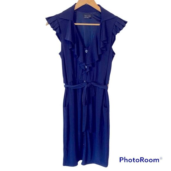 Max & Cleo Dress Women’s Size 4 Navy Ruffle Belted Button Down Midi Casual - Picture 1 of 8